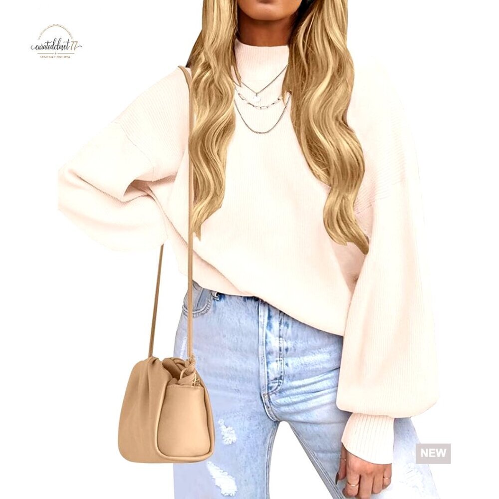 Oversized Ribbed Pullover Sweater with Lantern Sleeves, Loose Fit
